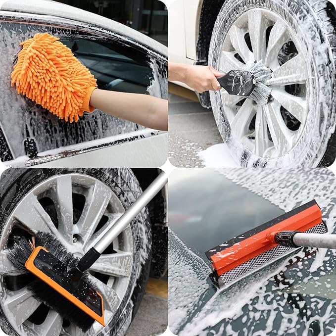 Wontolf 62'' Car Wash Brush with Long Handle, Scratch-Free Soft Bristles Sturdy Car Wash Mop, Complete Cleaning Brush Kit Wash Mitt Towel Windshield Squeegee Wheel Tire Brush for Car Truck RV Orange