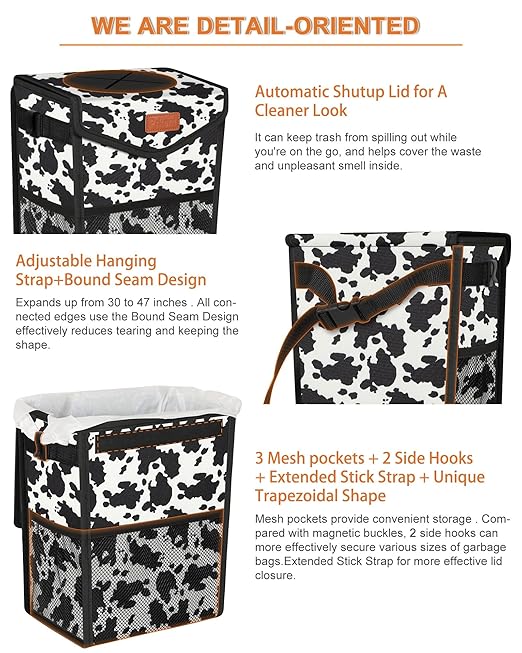 Car Trash Can with Lid, Cute Leakproof Car Trash Garbage Bag Hanging Vehicle Trash Bin Small Portable Automotive Garbage Cans Organizer for Back/Front Seat/Console(Trapezoid,Cow Print)