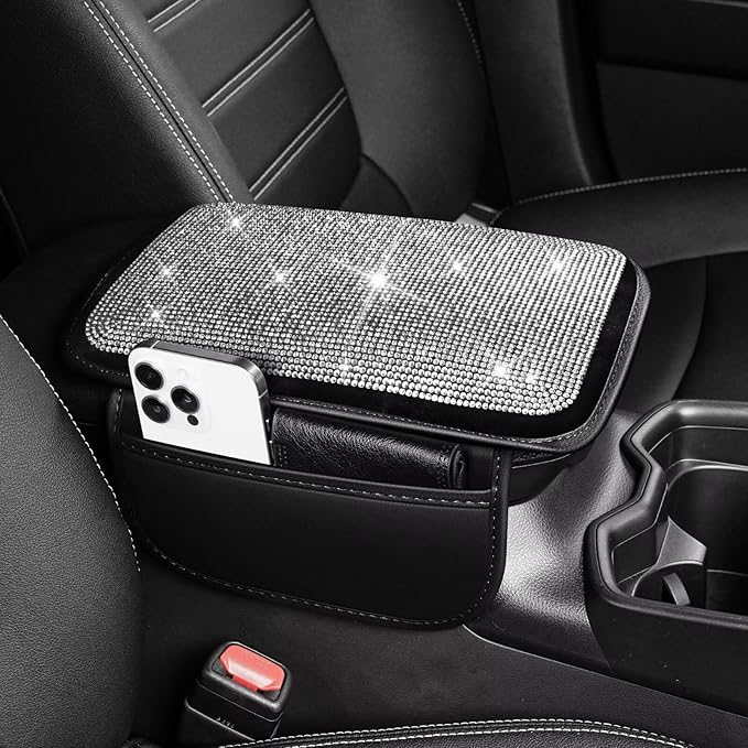 Bling Center Console Cover Fit for Toyota bZ4X with 2 Storage Bags Fully Diamond-Studded Style Center Console Armrest Cover with Total Protection(Silver Diamond)