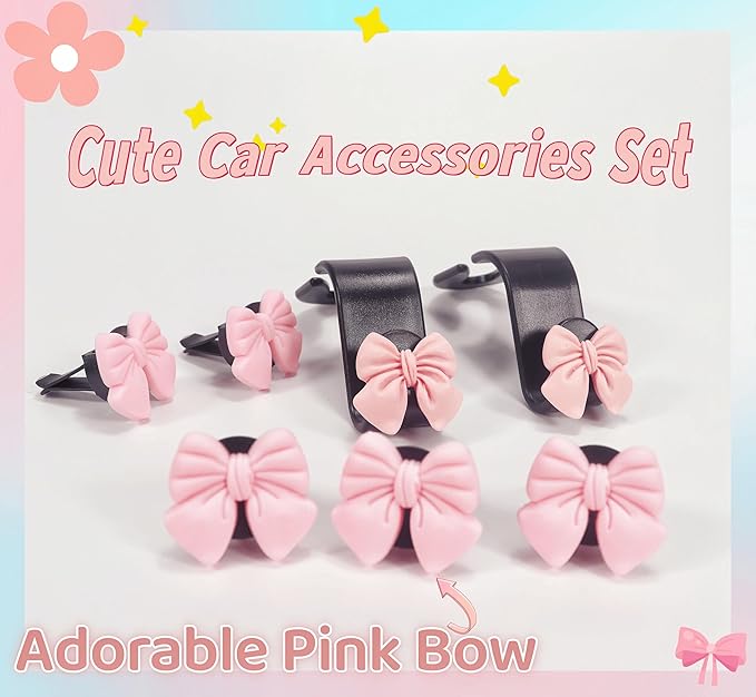 7Pcs Cute Pink Bow Car Air Freshener Vent Clips and Headrest Hooks Set for Women, Charm Car Interior Accessories for Truck Suv Dashboard Diffuse Home Office Vent Decoartion，Girly Gifts for Her