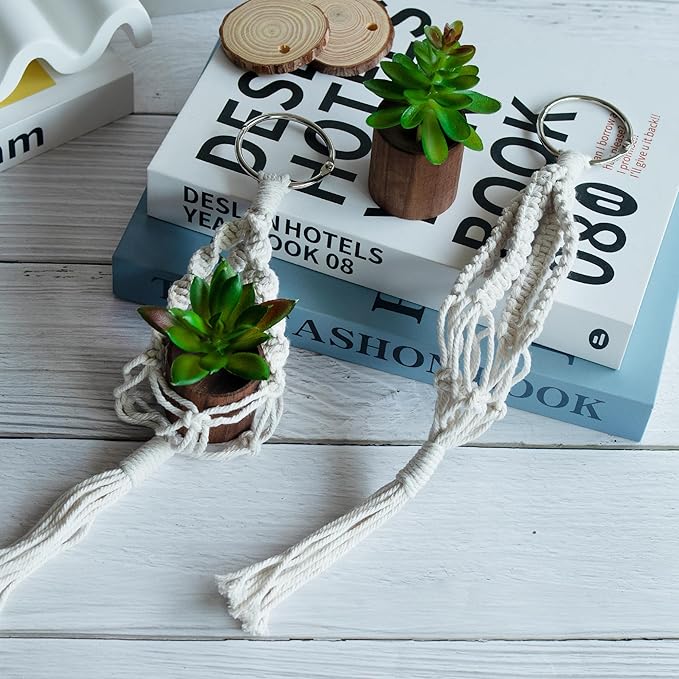 2 Pack Car Air Freshener Mirror Hanging Accessories Mini Macrame Crochet Plant with Wooden Essential Oil Diffusers Cute Boho Plant for Rear View Mirror Home Office Decor
