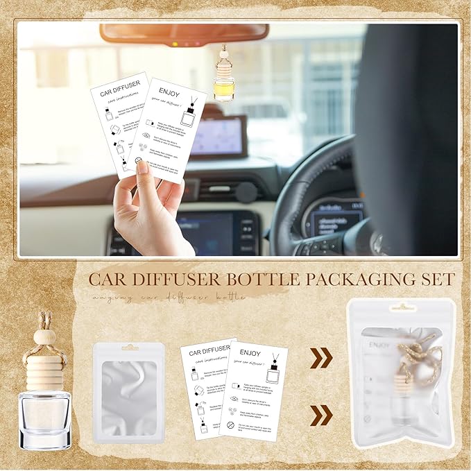 Boao 150 Sets Hanging Car Air Freshener Diffuser Bottles with Instruction Card and 4 x 6'' Resealable Holographic Bag for Empty Car Essential Oil Perfume Bottles Packaging (Cylinder)
