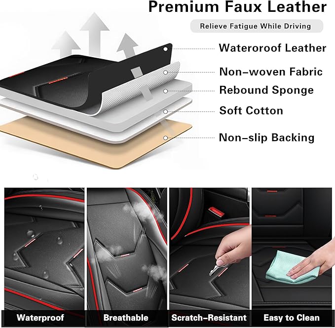 otoez Car Seat Covers Full Set, 5 Seats Leather Seat Cover for Car, Black Automotive Front and Back Seat Cushion Protector Waterproof and Non-Slip for Most Sedens Trucks SUVs, Black