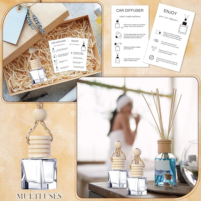 100 Sets Car Diffuser Bottles Empty Bulk Hanging Car Air Freshener Diffuser Bottles Glass Perfume Holder with Instruction Cards for Essential Oil Wedding Bridal Birthday Gifts (Square)