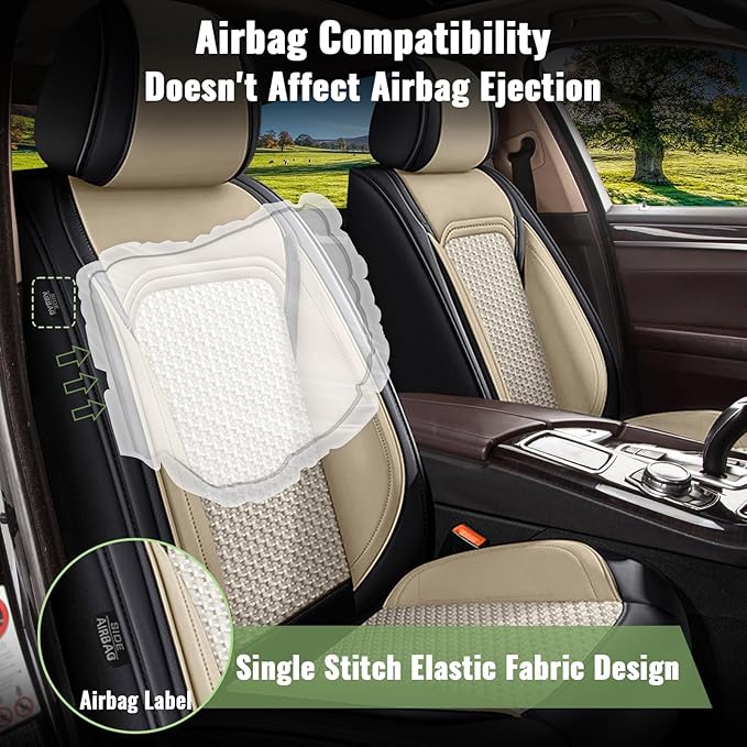 Car Seat Covers Front Seats for Toyota Corolla 2000-2019 - Cooling Ice Silk Leather Seat Cover - Ventilated 2 Seats Vehicle Seat Cushion Protector Automotive Accessories (Black&Beige)