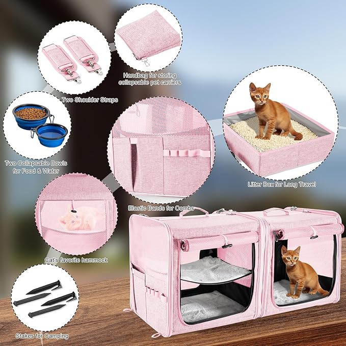 Suertree Large Cat Carrier for 2 Cats with Zipper Locks, Double Cat Carrier with Travel Litter Box, Soft Pet Travel Carrier for Cats and Small Dogs Up to 45 Lbs, Pink