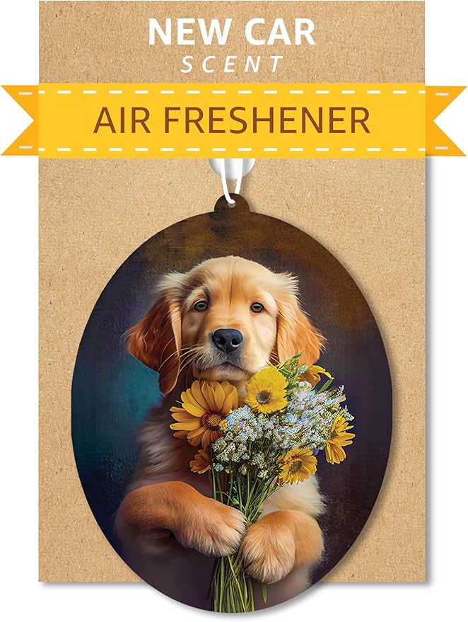 Golden Retriever - Dog Car Air Freshener - Cute Hanging Dog with Flowers Decor New Car Scent, Infusible with Your Own Scent, Pet Safe, Non-Toxic, Freshener for Car, Closet, Office Size - 3x4"