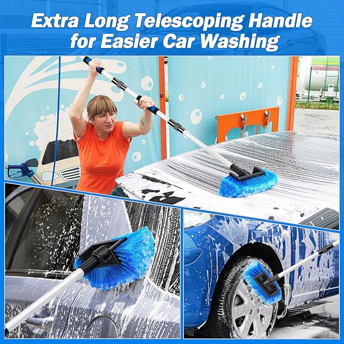 62" Car Wash Brush Kit with Hose Attachment, Scratch-Free Microfiber & Soft Bristles, Long Handle Wash Mop for Cars, Trucks, SUV & RV – Flow-Through Cleaning Kit with Mitt, Towel & Tire Brush