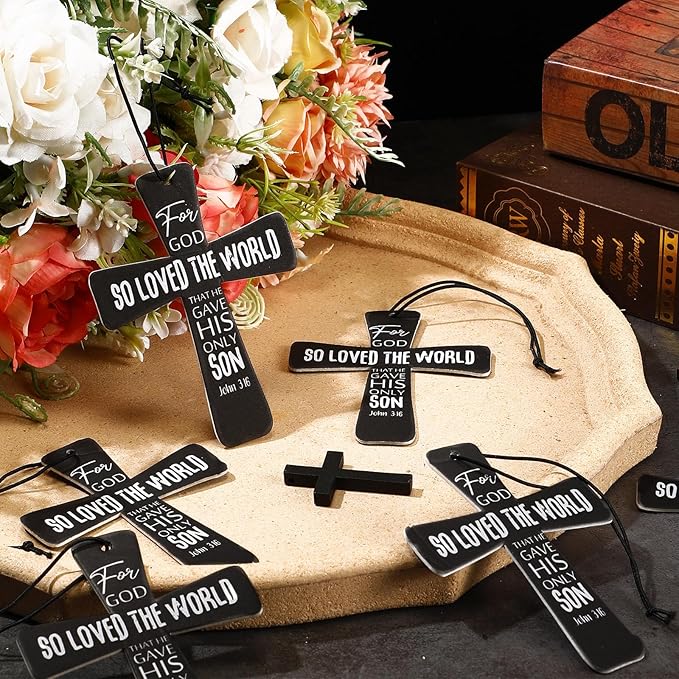 Fumete 24 Pcs Easter Christian Cross Car Air Fresheners Gift Bulk Drift Air Freshener Religious Fresh Scented Hanging Ornaments for Church Sunday School Gifts (So Loved the World)