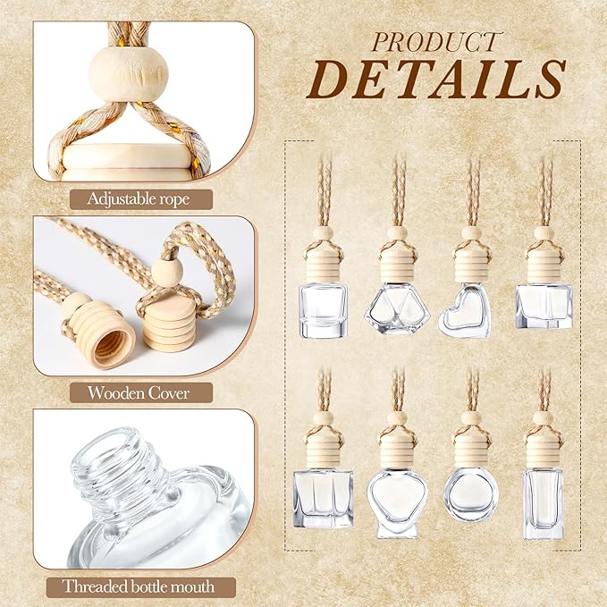BBTO 200 Pcs Hanging Car Diffuser Bottles Bulk, 8 Styles Empty Glass Air Freshener Bottles with Wooden Cap for Perfume Essential Oils Fragrance Aromatherapy Ornament