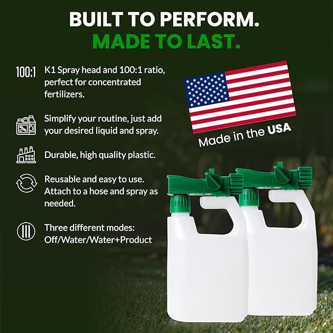 Humboldts Secret 2-Pack Garden Hose End Sprayer | Multipurpose Lawn Attachment with 100 to 1 Mixing Ratio | Garden Sprayer for Lawn Care, Fertilizing, Car Wash & Outdoor Use | 32 ounce