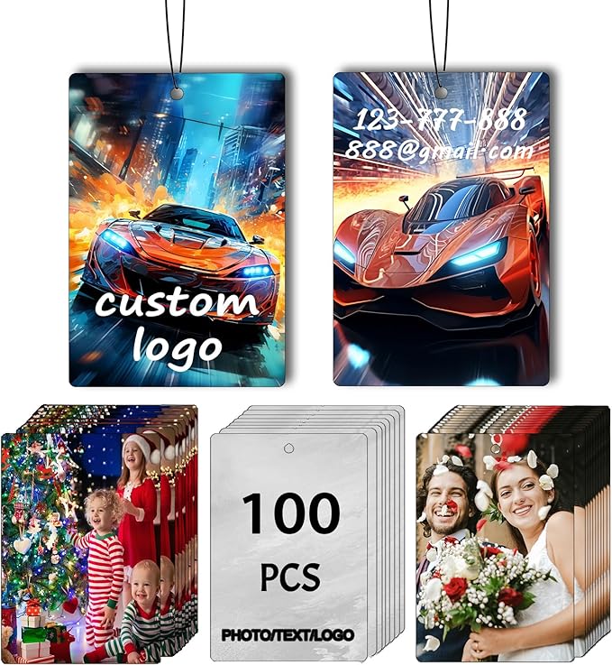 100Pcs Custom Car Air Fresheners with Picture Logo - Personalized Double-sided Car Air Fresheners with Picture Photo Text Logo Office Wardrobe Bathroom Hanging Ornaments (100 Rectangle)