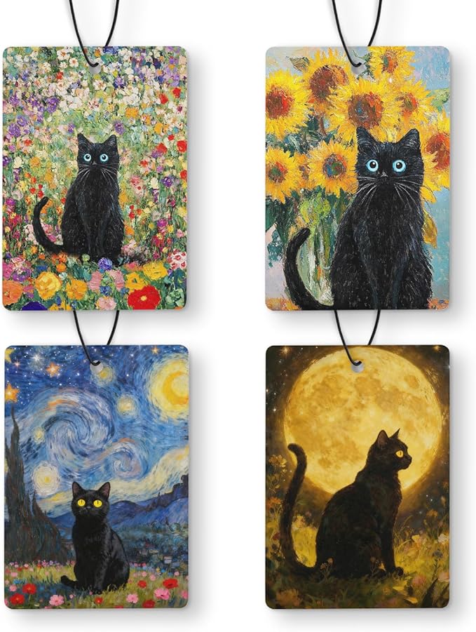 Floral Black Cat Car Air Freshener 4 Pcs, Moody Black Kitten Flower Full Moon Abstract Hanging Air Freshener for Cars Closet Drawer Books, Cat Lover Gifts Car Accessories for Women Girls
