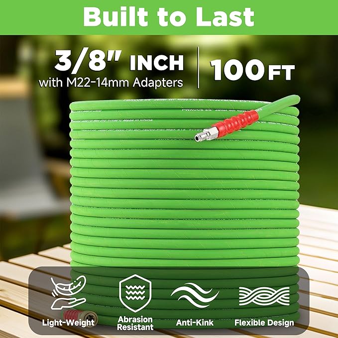 PWACCS Pressure Washer Hose 100FT, 3/8" Quick Connect Power Washing Hose Kink Resistant Steel Wire Braided, M22 14 Adapters, Cold/Hot Water, 4000 PSI