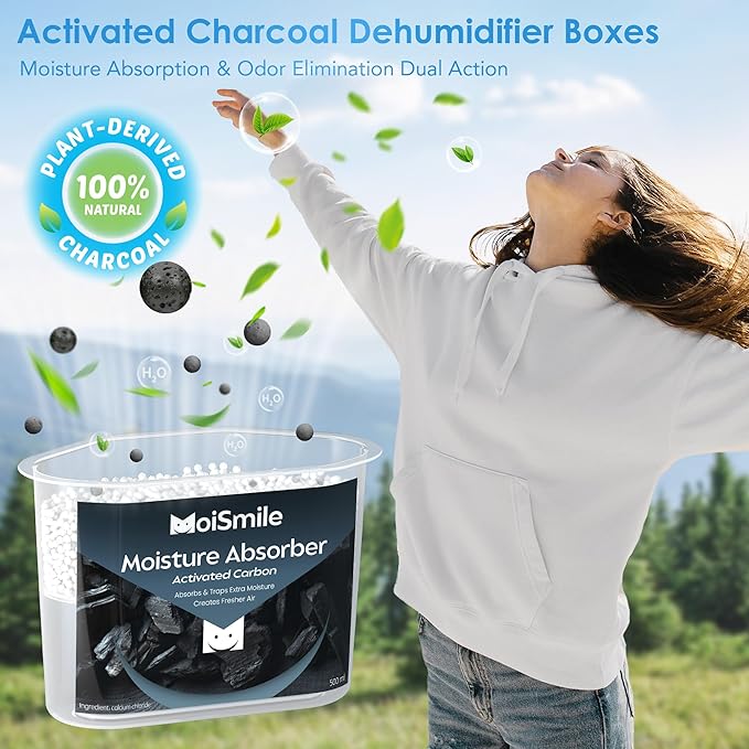Moisture Absorbers, Efficient Activated Charcoal Humidity Absorber ＆ Odor Absorber Boxes, Refillable Car Dehumidifier for Closet, Bathroom, Basement＆ RV, 3 Pack