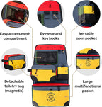 Living in a Bubble Seat back Organizer – Magnetic Toiletry and Cooler Pouch, Cordura Car Backseat Storage with Device Holder & Hooks, Multi-Compartment Utility Bag for Campervans & Family Travel