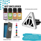 Wild Essentials Potter Hallows Essential Oil Car Vent Diffuser Kit with Lavender, Lemongrass, Peppermint, Orange Oils, Stainless Steel Locket Pendant, 8 Refill Pads, Color Changing Air Freshener
