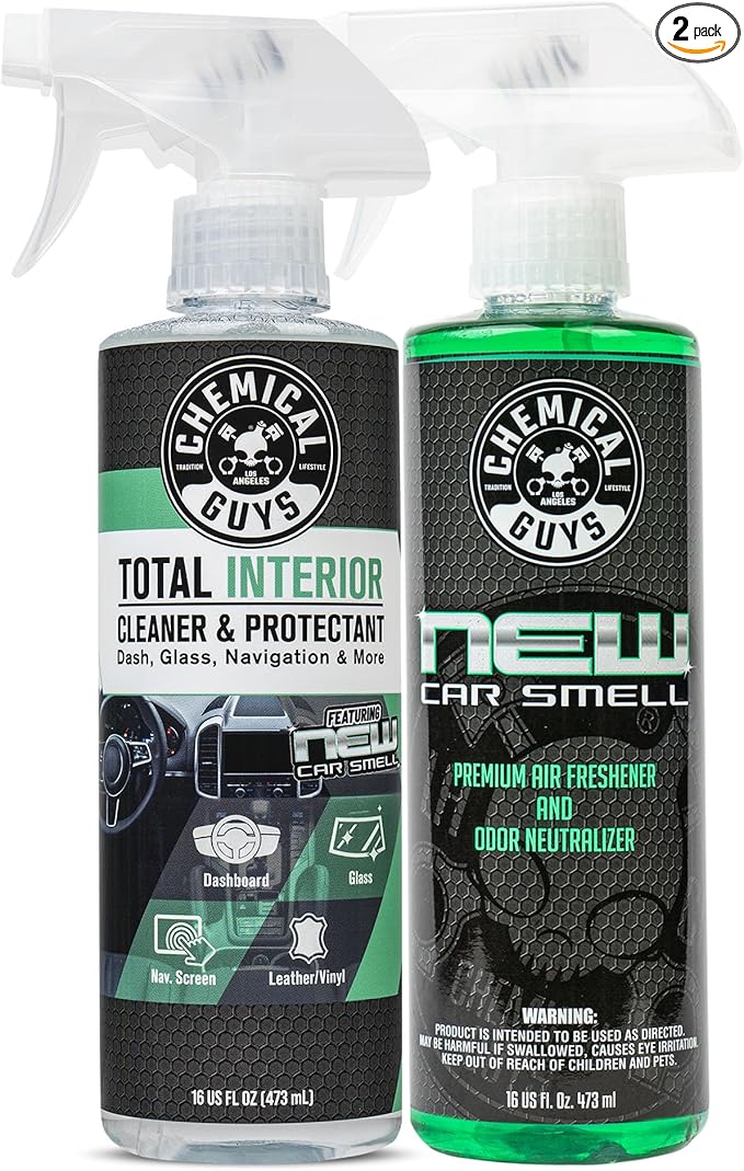 Chemical Guys Total Interior Cleaner and Protectant, New Car Smell, 16 fl oz + New Car Smell Premium Air Freshener and Odor Eliminator, Great for Cars, Trucks, SUVs, RV & More, 16 fl oz