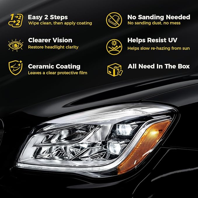 Ceramic Car Headlight Restoration Kit, No Sanding, Removes Yellowing and Cloudiness, Restores Clarity to Like New Look, No Power Tools Needed, Wipe Rinse Coat for Car Truck SUV-2 Pack