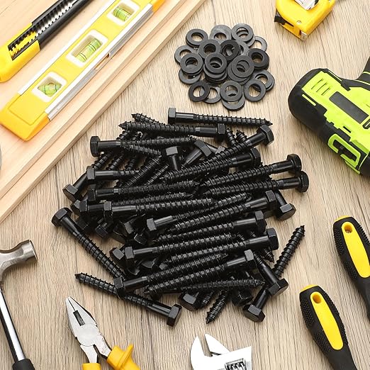 Tandefio 100 Pack 1/2''x 4'' Ceramic Black Lag Screw Kit with Washers Hex Lag Bolts Wood Screws Heavy Duty Hot Dip Galvanized Double Layer for Wood Decks Fences