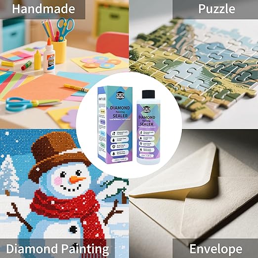 Diamond Painting Sealer, 200ML Clear Glue for Diamond Art, Quick-Drying Adhesive with Glossy Finish, Dustproof & Waterproof Protection, Shine Effect Conserver, with Silicone Brush (6.8 fl oz)
