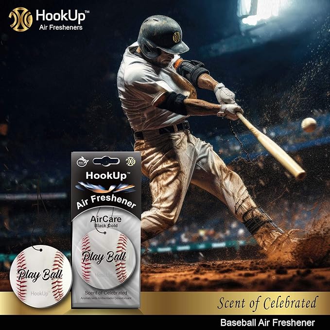 Baseball Car Air Freshener by HookUp - 2 Pack - Black Gold Scent (Extra Strong) | Unique Baseball Gift for Players, Coach, Fans | Hanging Car Accessory with Long Lasting Fresheners Smell