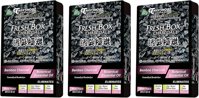 Treefrog Xtreme Fresh Box Charcoal White Peach Scent 3-Pack Car Air Freshener, Deodorizer and Neutralizer air, Plus Smelling Great, Black Bamboo Charcoal, Generously Large Size 200g.