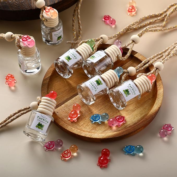 24 Set Hanging Car Air Freshener Car Diffuser Bottles Empty Bulk Employee Appreciation Gifts Glass Perfume Bottle with Resin Turtle and You're Turtley Awesome Tags for Essential Oil