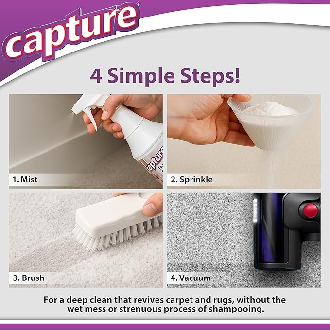 Capture Carpet Total Care Kit 250 - Home Couch and Upholstery, Car Rug, Dogs & Cats Pet Carpet Cleaner Solution - Strength Odor Eliminator, Stains Spot Remover, Non Liquid & No Harsh Chemical