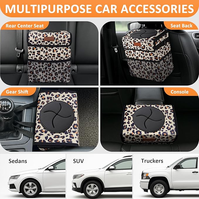 3 Gallons Cute Car Trash Can, Car Accessories for Interior Leak Proof Can Trash Bag Hanging Waterproof Automotive Vehicle Garbage Cans Leopard Print Pattern