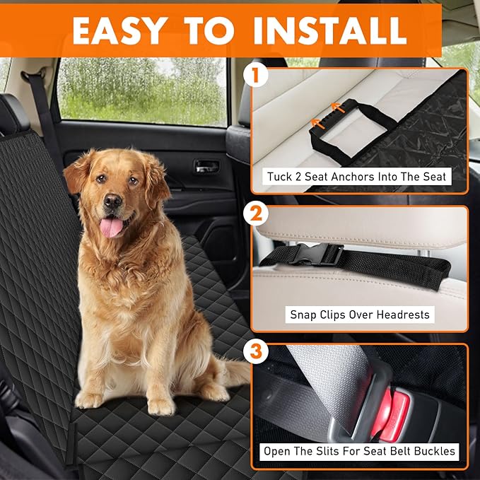 Backseat Cover for Dogs, Waterproof and Non-Slip Pet Bench Seat Covers, Car Seat Protector for Back Seat, Universal Size Rear Car Seat Cover Fits Cars, Trucks and SUVs, L-Black
