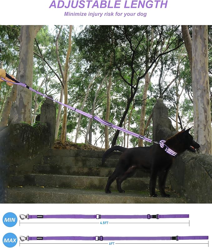 AUBELL Double Handle Tactical Dog Leash Heavy Duty for Small and Medium Large Dogs,Reflective Adjustable Nylon Leash that Pull with Car Seatbelt for Training,4.5-6FT,Purple