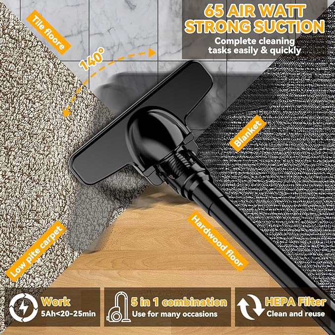 Cordless Vacuum for Dewalt 20V Battery, 5 in 1 Handheld Electric Vacuum Cleaner with 500W Powerful Motor, 46 CFM Portable Hand Vacuum with Filtration HEPA for Floor, Carpet, Car (Battery Not Included)