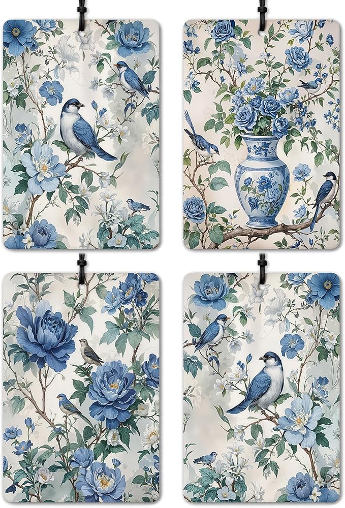 Vintage Blue Chinoiserie Floral Bird Car Air Freshener 4 Pcs, Retro Cottagecore Flower Botanical Air Freshener Hanging for Cars Books Closet Drawer, Retro Blue Car Accessories for Women