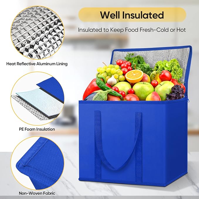 BALEINE 2Pk Insulated Reusable Grocery Bags, Collapsible Cooler Bag for Groceries, Heavy Duty Large Insulated Bag (16''x9''x13'', Midnight Blue)