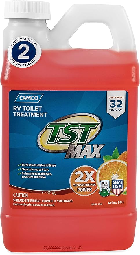 Camco TST MAX RV Toilet Treatment 64 oz. - Control Unwanted RV Sewer Odors & Break Down Waste and RV Toilet Paper - Biodegradable Septic Safe Formula - Orange Scent (41172)