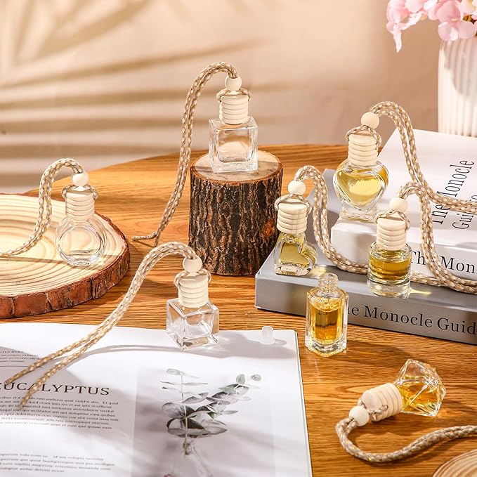 BBTO 200 Pcs Hanging Car Diffuser Bottles Bulk, 8 Styles Empty Glass Air Freshener Bottles with Wooden Cap for Perfume Essential Oils Fragrance Aromatherapy Ornament