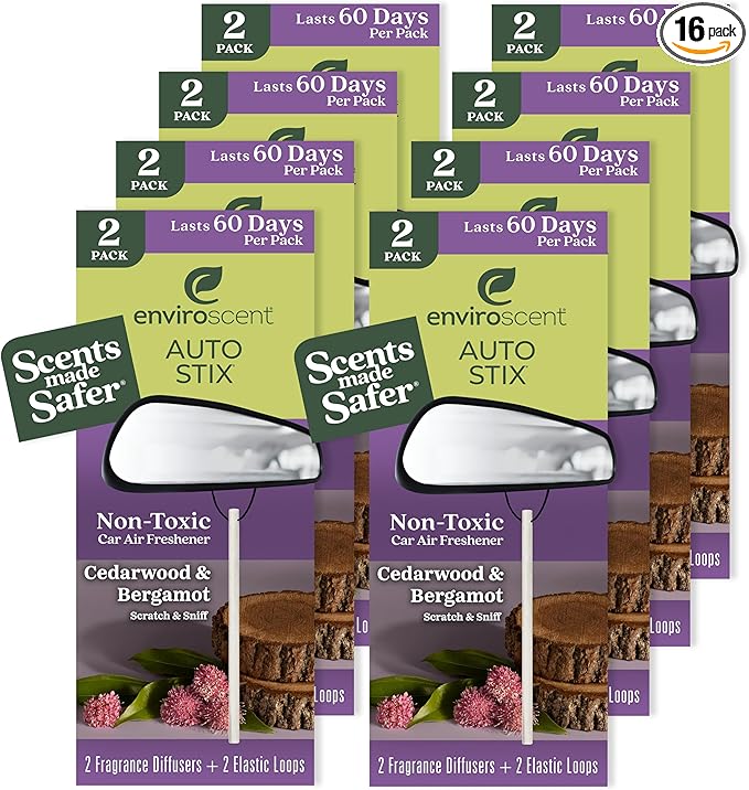 Enviroscent Non-Toxic* Car Air Freshener Auto Stix® - Scents Made Safer - Enjoy Fragrance That Lasts Up to 480 Days - Includes Auto Stix® Diffusers & Elastic Loops - Cedarwood & Bergamot (Pack of 8)
