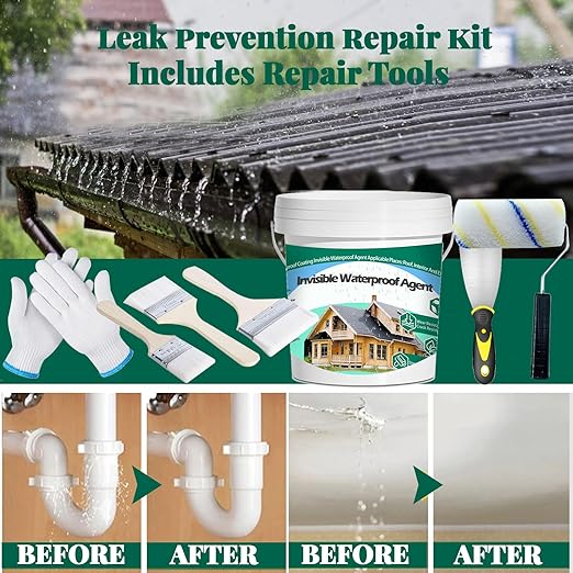 3Kg/106Fl.oz Invisible Waterproof Agent Indoor&Outdoor Waterproof Coating Set Transparent Liquid Sealant with Wooden Brush Resistant Work Gloves Putty Knife Cut Paint Roller