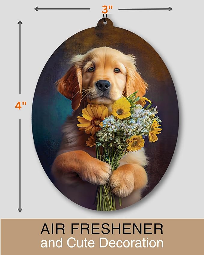 Golden Retriever - Dog Car Air Freshener - Cute Hanging Dog with Flowers Decor New Car Scent, Infusible with Your Own Scent, Pet Safe, Non-Toxic, Freshener for Car, Closet, Office Size - 3x4"