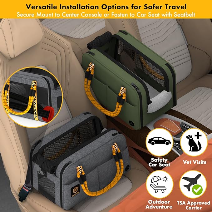 PAWZIDEA Center Console Dog Car Seat, Enclosed Small Dog Armrest Booster Carseat, Secure Straps &Anti Slip, Portable TSA Approved Puppy Pet Carrier Soft-Sided, Removable Pillow Storage Pocket, up 12lb