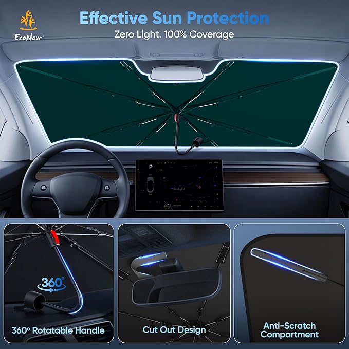 [2025 Upgraded] Econour Premium Windshield Umbrella Sun Shade | Foldable Car Window Shade for Front Windshield | Sun Blocker Visor Extender | Heat Protection for Sedans, SUVs, Trucks | Medium 57"x33"