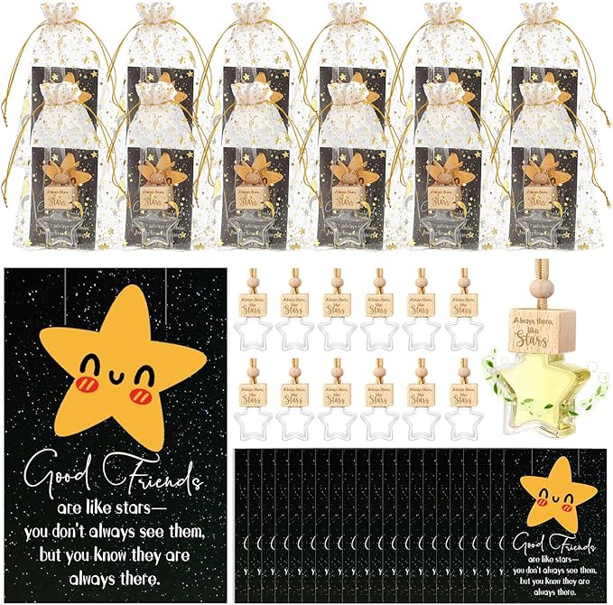 24 Sets Hanging Car Air Freshener Diffuser Ornament Gratitude Card Star Empty Glass Oil Bottle Leather Car Air Freshener Employee Appreciation for Friend Roommate BFF Bestie Fragrance Aromatherapy