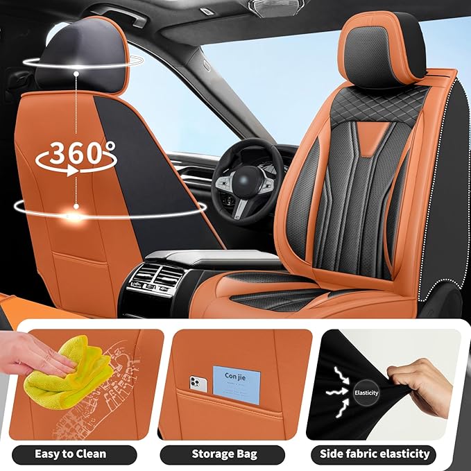 Fit Juke Car Seat Covers Compatible with Nissan Juke 2012-2015 2016 - Full Set Premium Leather， Waterproof Breathable， All-Weather Seat Cushion Protecto&Airbag Compatible （Orange&Black