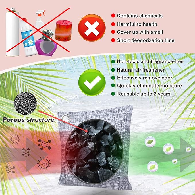 Activated Charcoal Odor Absorber for Strong Odor, Basement, Cars, Closets, Shoes, Smoke. 3 Pack Bamboo Charcoal Air Purifying Bags Deodorizer Odor Eliminator for Home