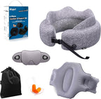 4-in-1 Travel Comfort Set Inflatable Neck Pillow, Convertible Lumbar Support & Foot Hammock, 3D Sleep Mask & Ear Plugs Complete Comfort Kit for Airplane, Office & Car Gift-Ready (Gray)