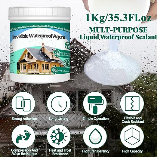 1Kg/35.3Fl.oz Invisible Waterproof Agent Indoor&Outdoor Waterproof Coating Set Transparent Liquid Sealant with Wooden Brush Resistant Work Gloves Putty Shovel Cut