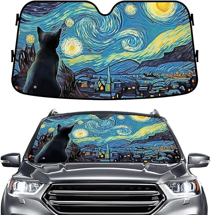 GENANY Cat Starry Night Windshield Sun Shade for Car SUV Truck (64x32 Inches), Art Sun Shade Windshield, Shades for Windows, Protector Blocks UV, Car Decor