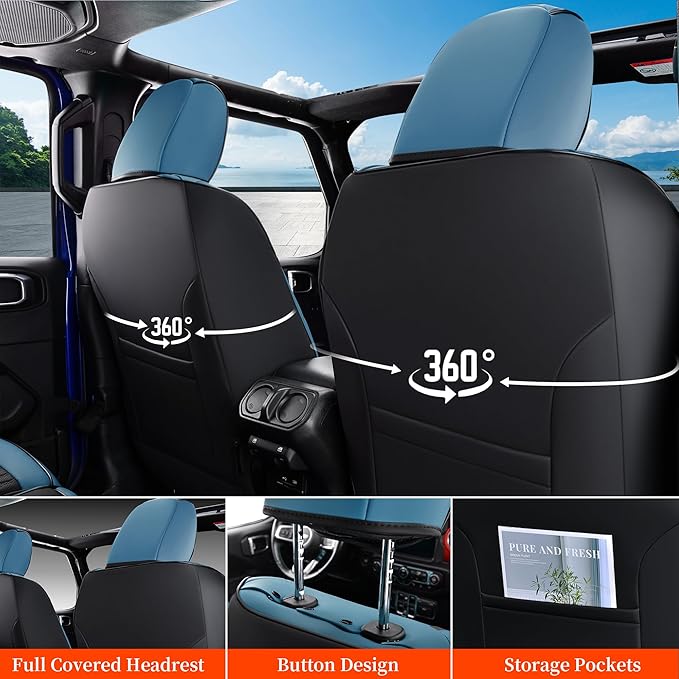 Coverado JK Seat Covers for Jeep Wrangler, Full Coverage Front Waterproof Leather for Cars Automotive Truck Custom Fit for 2013-2017 Jeep Wrangler 2-Door/4-Door (Blue)