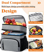 Insulated Lunch Bag for Men & Women, Double Leakproof Lunch Box Soft Cooler Tote with 5 Pockets, 600D Oxford, EVA Lining, Adjustable Strap for Work, Picnic, Beach&Travel-Grey